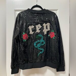 Black Sequin Reputation Bomber Jacket with Hand Sewn Patches